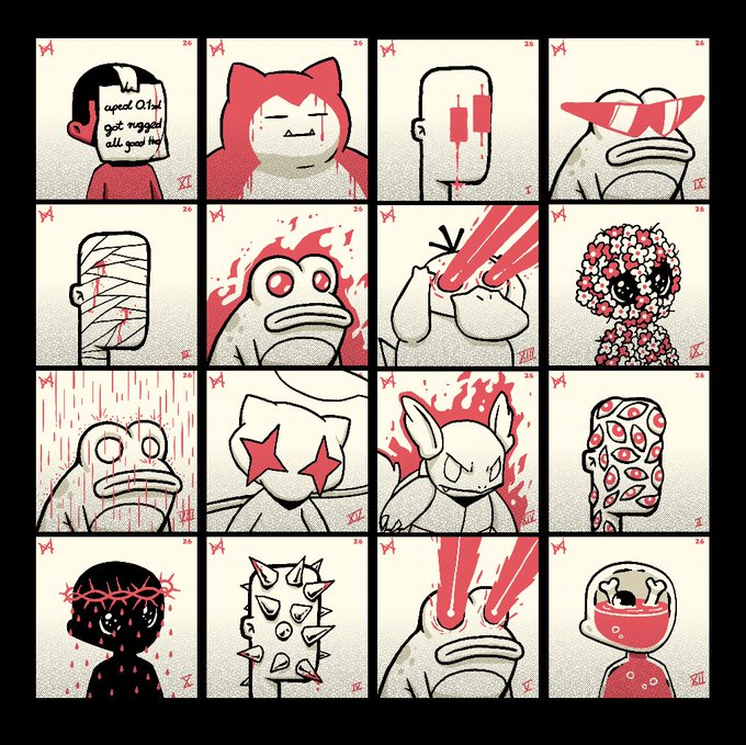 A 4x4 grid of 16 stylized, dark cartoon-style character illustrations featuring various creatures and figures with red accents, blood, and surreal elements, some marked with Roman numerals.