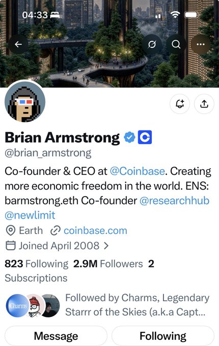 The image shows Twitter/X profile of Brian Armstrong (@brian_armstrong), CEO of Coinbase, displaying his pixel art CryptoPunk-style profile picture. The post caption discusses how Armstrong's new punk-style PFP change is being seen as bullish, with the image visually confirming his updated profile picture featuring a pixelated character wearing sunglasses with an American flag motif.