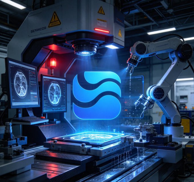 A futuristic robotics lab scene featuring a large illuminated blue "S" logo (resembling the Sui blockchain emblem) hovering above a precision manufacturing platform, flanked by two monitors displaying brain-scan imagery, a robotic arm, and a machine labeled "SERWCOB" with warning labels. The image visually echoes the post's theme of satUSD/stablecoin adoption by symbolizing the moment crypto infrastructure transitions from abstract digital systems into tangible, real-world utility—much like the Sui-powered ecosystem enabling stablecoins to function as everyday cash.