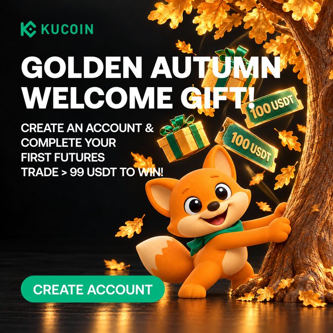A KuCoin promotional graphic shows KuFox harvesting USDT vouchers from a golden autumn tree, with the KuCoin logo and text: “GOLDEN AUTUMN WELCOME GIFT! CREATE AN ACCOUNT & COMPLETE YOUR FIRST FUTURES TRADE > 99 USDT TO WIN!” and “CREATE ACCOUNT.” The image reinforces the post’s message about a “Welcome Bonus” of 100 USDT.
