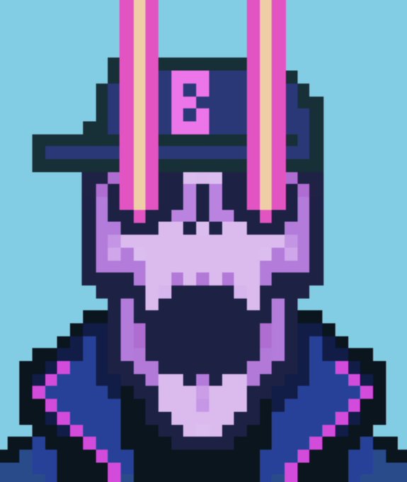 A pixel art character with a skull-like face wears a dark cap with a pink "B" and has pink glowing strips extending upward, set against a light blue background.