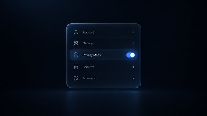 A dark-themed settings menu panel with options for Account, General, Privacy Mode (toggle switched on), Security, and Advanced, illuminated with blue glow effects.