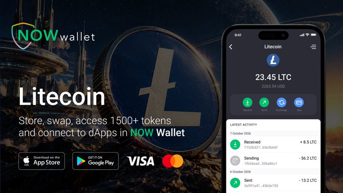 An advertisement for NOW Wallet showing a smartphone interface with a Litecoin balance of 23.45 LTC (226.34 USD) and text promoting storage, swapping, and access to 1500+ tokens.