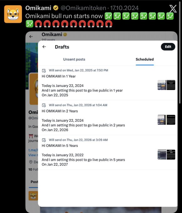 A screenshot of an X post by Omikami (@Omikamitoken) with the text "Omikami bull run starts now" followed by rocket emojis. Below it shows a Twitter drafts interface with scheduled posts for "OMIKAMI In 1 Year," "OMIKAMI In 2 Years," and "OMIKAMI In 5 Years."