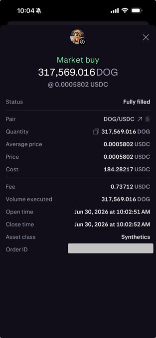 A cryptocurrency market buy order confirmation for 317,569.016 DOG at 0.0005802 USDC, fully filled at a cost of 184.28217 USDC on June 30, 2026.
