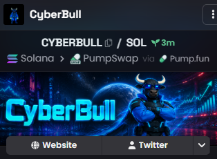 A screenshot of a cryptocurrency token called 'CyberBull' with the ticker 'CYBERBULL' on the Solana blockchain, traded via PumpSwap and Pump.fun.