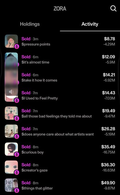A screenshot of the ZORA app's Activity tab showing a list of recently sold NFTs with titles like 'pressure points', '$it's almost time', and '$things that glitter' along with their sale prices and changes in market cap.