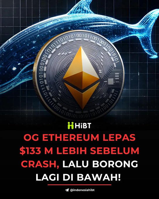 The image features a poster or advertisement with an illustration of a shark on it along with some text. The shark appears to be jumping out from under the coin, which has a blue top and gold bottom. Below the shark, there's information about the Bitcoin coin worth $134 million that is set to be released in two hours. The post also includes a statement saying "Lagi di baawah!" in Indonesian text, and the Hashtags are "#hbt" and "#bitcoin".
