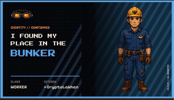 A pixel-art character card depicts an unconfirmed identity named "Bunker" as a "Worker" citizen by @cryptolakhan, wearing a hard hat and tool belt while announcing "I FOUND MY PLACE IN THE BUNKER." The NFT profile visually ties to a whitelisting campaign for a 10,000-supply free mint, where holders join via thebunkerhood.com with code "bunker."
