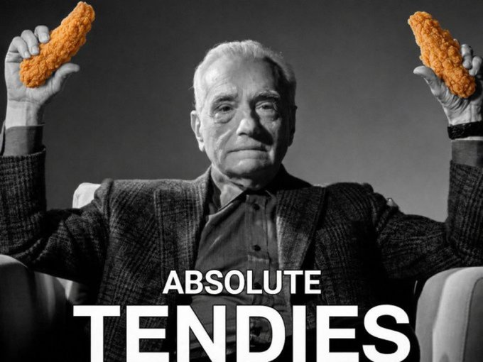 A black-and-white photo of an older man holding up two fried fish sticks (chicken tenders) with the bold text 'ABSOLUTE TENDIES' overlaid at the bottom, referencing the Wakanda Forever meme.
