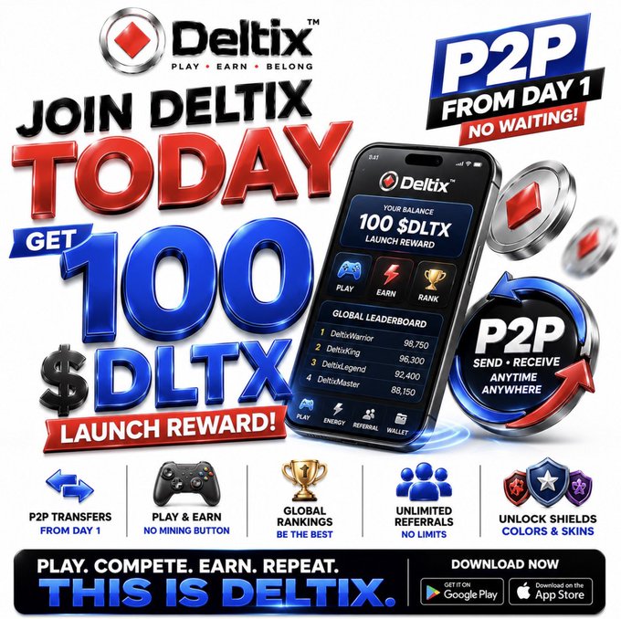 A promotional advertisement for the Deltix app showcases a 100 $DLTX launch reward, highlighting features like P2P transfers from day one, play & earn mechanics, global rankings, unlimited referrals, and unlockable shield colors and skins, encouraging users to "Join Deltix Today" and download via Google Play or the App Store.