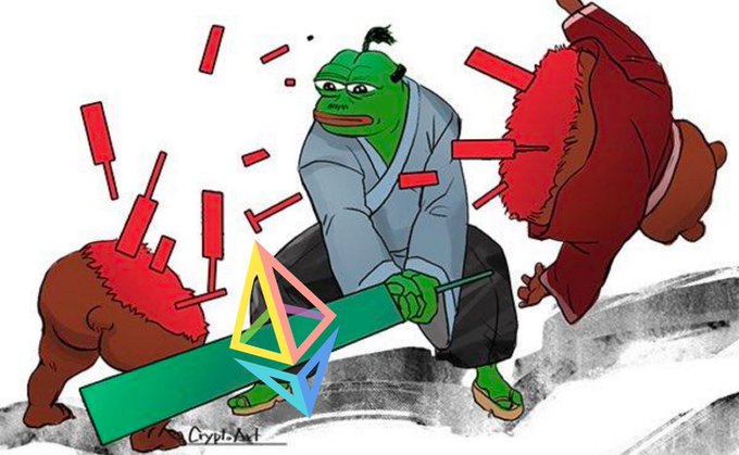 A cartoon illustration depicting a green Pepe the Frog character dressed in samurai attire, wielding a katana, with bear and bull figures pierced by red candlesticks in the background, illustrating cryptocurrency market volatility.