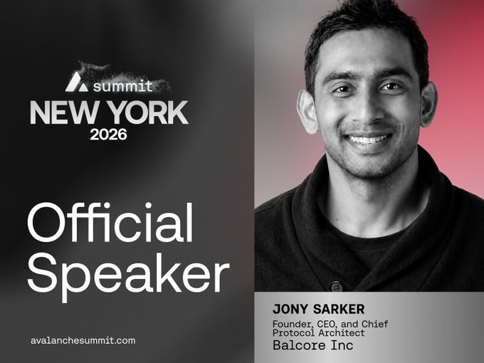 A promotional graphic for Summit New York 2026 featuring a black-and-white photo of Jony Sarker, Founder, CEO, and Chief Protocol Architect of Balcore Inc, listed as an Official Speaker.