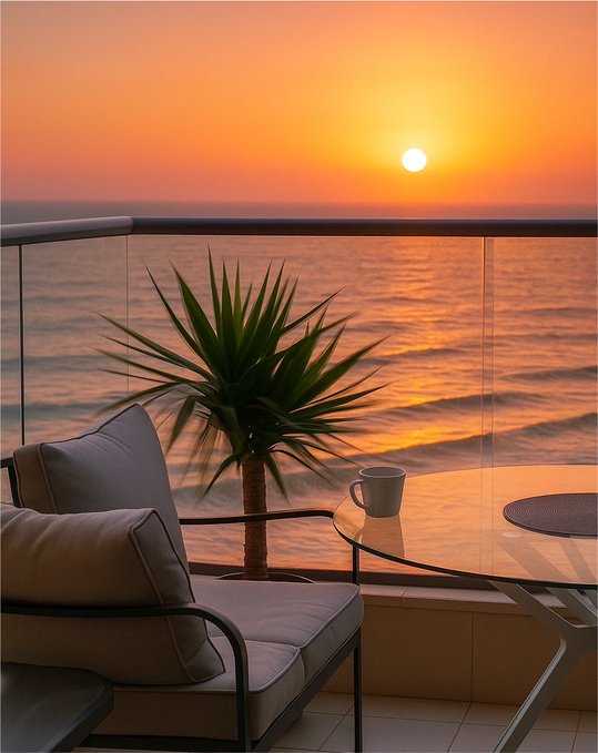 A serene balcony scene at sunset, featuring a cushioned chair beside a glass table with a coffee cup, overlooking the ocean with a small potted palm in the foreground.
