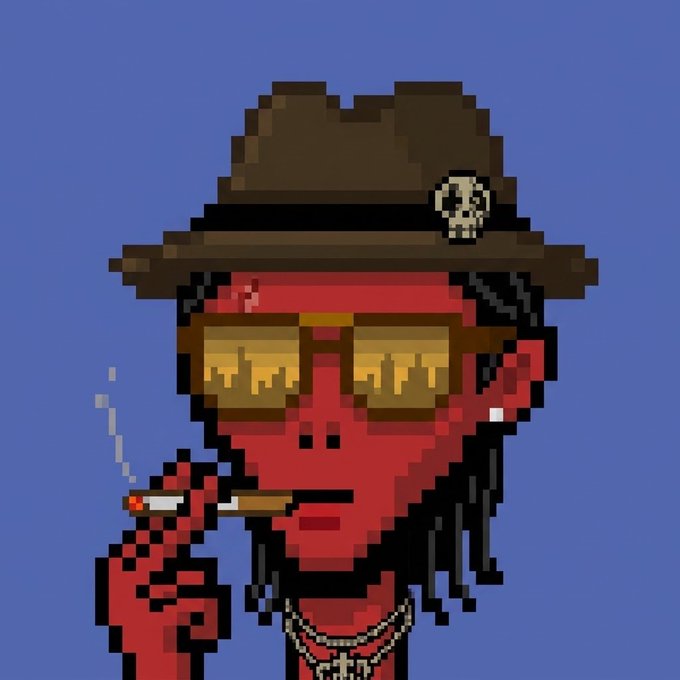 A pixel art image of a red-skinned character wearing a brown fedora with a skull pin, yellow-tinted sunglasses, a gold chain, and smoking a cigarette against a solid blue background.