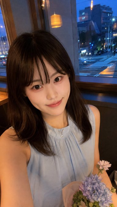A selfie of a young woman with long dark hair wearing a light blue sleeveless top, posing indoors near a window with a city view and holding a bouquet of purple and pink flowers.