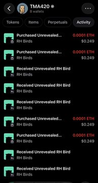 A mobile app screenshot showing an activity feed for wallet 'TMA420' (8.946 ETH), listing multiple transactions of 'Purchased Unrevealed RH Birds' at 0.0001 ETH ($0.249).