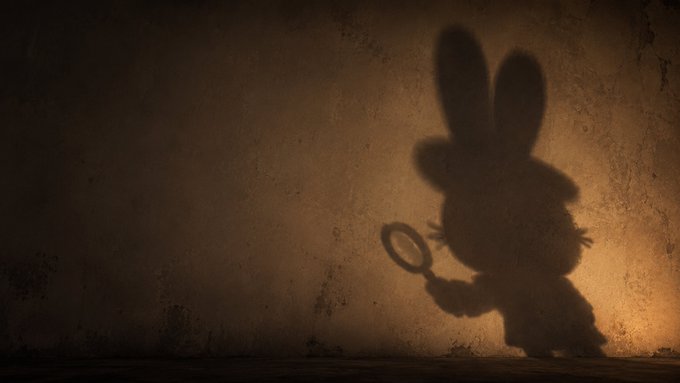 A dramatic silhouette of a rabbit character holding a magnifying glass is cast against a dimly lit, textured wall with warm amber lighting on the right side.