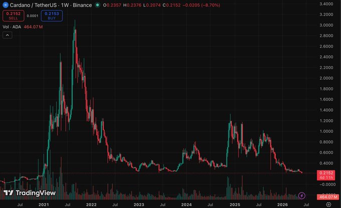 "The crypto market is testing the limits of everyone right now and @Cardano is experiencing an incredibly deep price correction. The value of $ADA has retraced to around 0.21 dollars returning to a baseline last seen in early 2021. This effectively resets the price". Focus on what is in the image and how it relates to the post.
