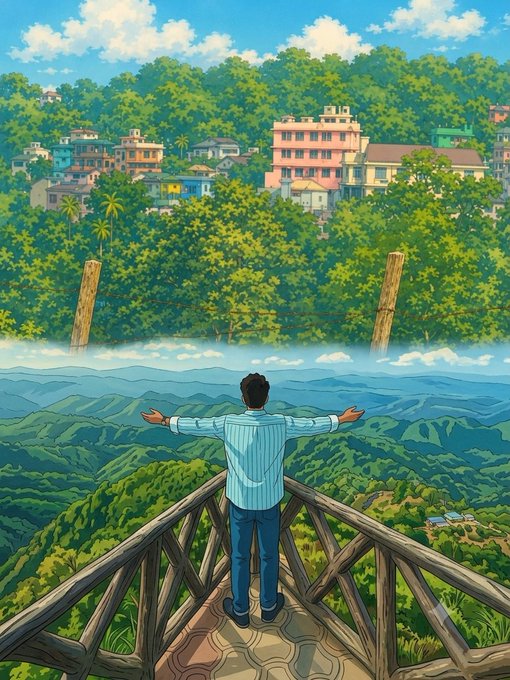 An illustrated scene of a person in a light blue shirt standing on a wooden balcony with arms outstretched, overlooking a lush green hillside with colorful houses.