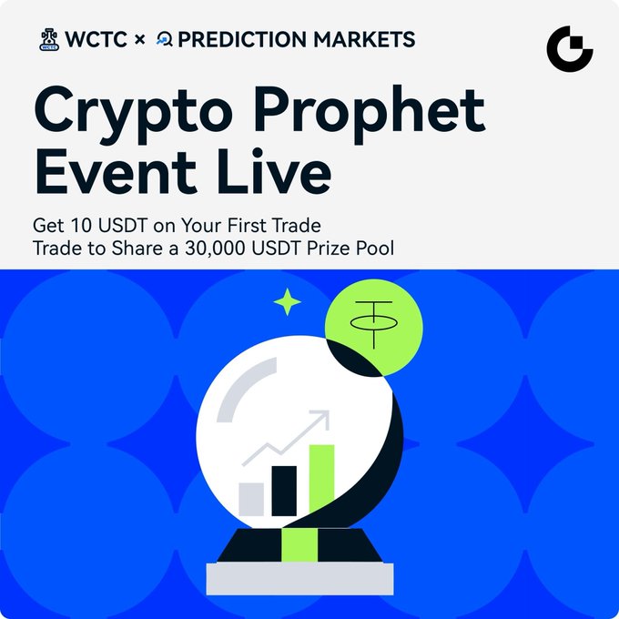 Promotional graphic for the WCTC × Prediction Markets "Crypto Prophet" event, offering 10 USDT on first trades and a 30,000 USDT prize pool, illustrated with a crystal ball showing an upward bar chart and a USDC coin icon against a blue patterned background.