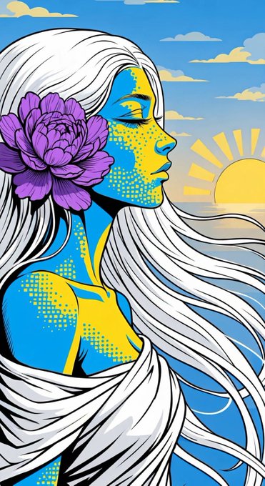 A pop-art style illustration of a woman with blue and yellow skin and flowing white hair, adorned with a large purple flower, set against a sunny beach backdrop.