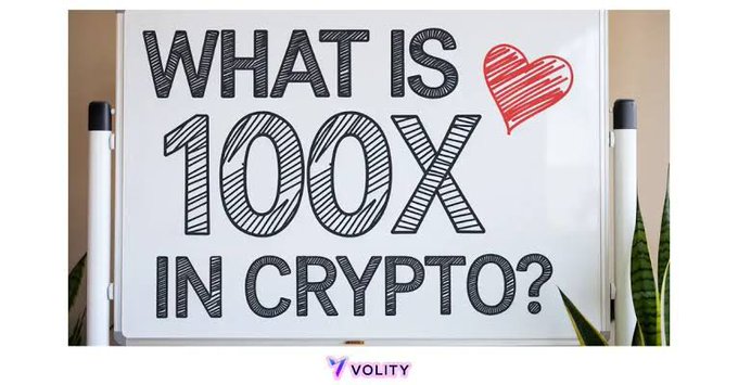 A whiteboard displaying the handwritten text 'WHAT IS [red heart] 100X IN CRYPTO?' with the Volity logo at the bottom.