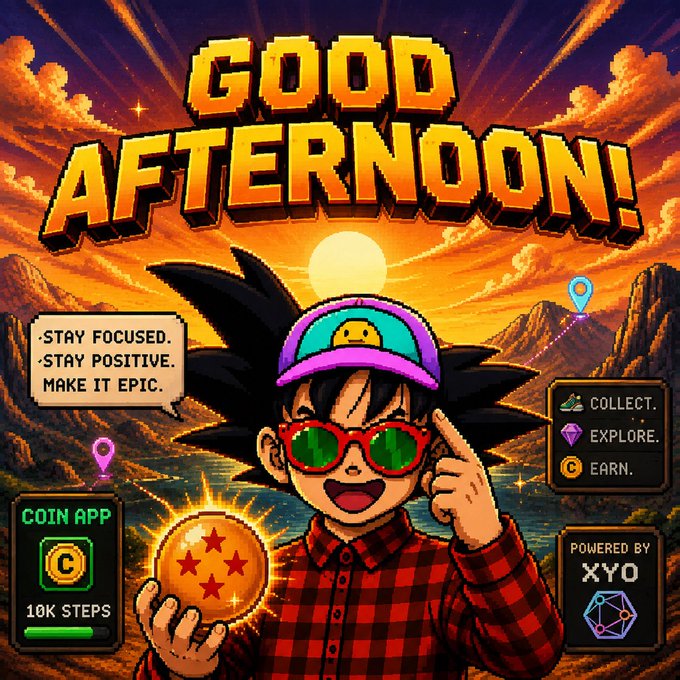 Pixel art illustration with 'GOOD AFTERNOON!' text featuring a Goku-like character wearing a teal cap and red sunglasses, holding a Dragon Ball, with motivational text 'STAY FOCUSED. STAY POSITIVE. MAKE IT EPIC.' and various app interface elements.