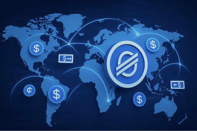 In the image, there are multiple dollar signs scattered around the world, representing money floating or "sleeping" across various countries. A small circle in the center of this global monetary web features a symbol resembling an X and a line through it. The text within the image reads: "Stellar Family: XLM is a sleeping giant Don't be surprised when you wake up and the price exceeds way above our expectations!". This phrase suggests that there might be a new cryptocurrency, likely involving Bitcoin or another online currency like Litecoin (LTC), being developed by the Stellar family. The post implies that this new digital currency could potentially disrupt traditional financial systems worldwide.