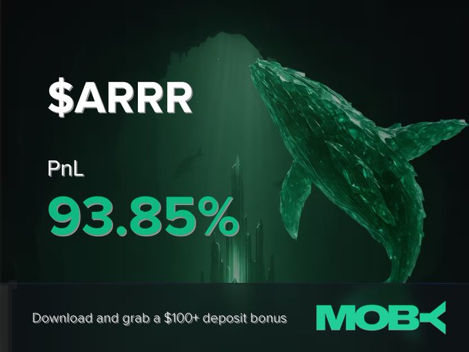 A MOBX promotional graphic featuring a whale and the text '$ARRR PnL 93.85%' with 'Download and grab a $100+ deposit bonus' at the bottom.