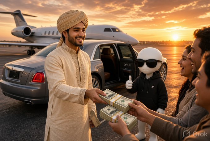 A Grok AI-generated image showing a man in traditional Arabian attire giving stacks of cash to a group, with a 3D cartoon mascot, private jet, and Rolls-Royce at sunset.
