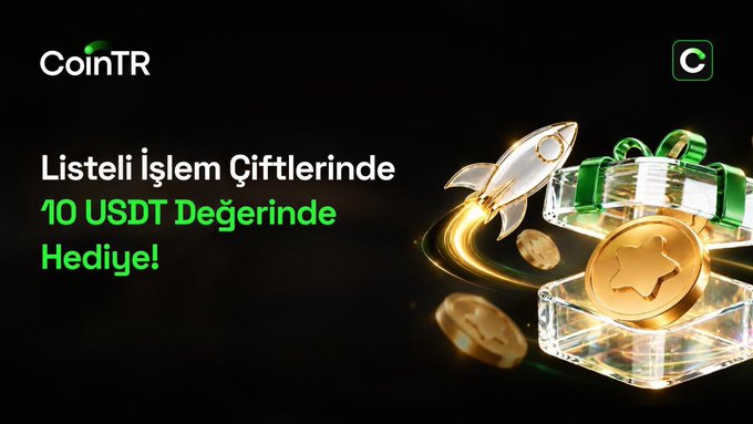 A promotional advertisement for CoinTR cryptocurrency exchange in Turkish, announcing 'Listeli İşlem Çiftlerinde 10 USDT Değerinde Hediye!' (A gift worth 10 USDT on listed trading pairs), featuring a 3D render of a rocket and gift box with crypto coins.