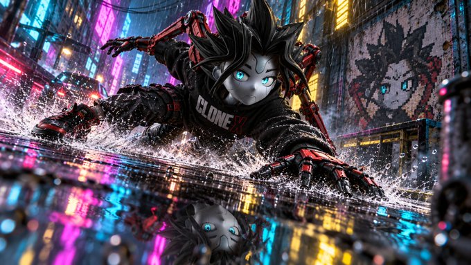 A Clone X NFT character with glowing blue eyes and spiky black hair dives through a rain-soaked neon cityscape, splashing across a reflective surface. The text "CLONE X" appears on the character's black shirt, directly tying the dynamic cyberpunk action scene to the post's reference to Clone X NFTs.