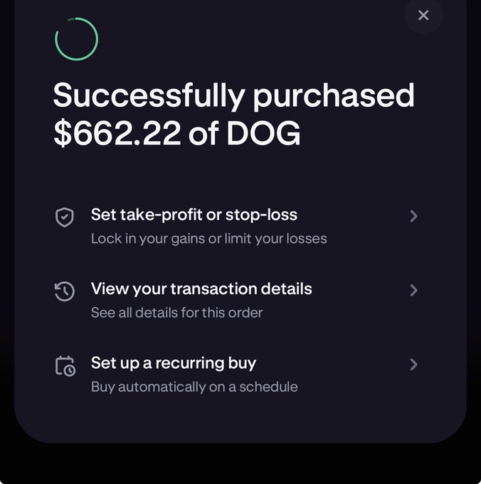 The image shows an iPhone screen with a user's purchase of $62.22 of DOG confirmed. The status bar below the title reads "Successfully purchased". There are several steps displayed, including viewing your transaction details, setting up a recovering buy order, and buying automatically on a schedule. One step is to complete the remaining payment for this particular item. The user's next actions include checking out or placing an order, depending on their decision.