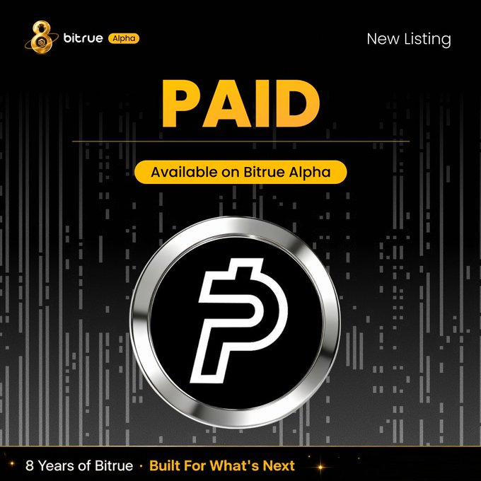 A promotional graphic for Bitrue Alpha announcing a new listing for the cryptocurrency 'PAID', featuring a silver coin logo with a stylized 'P'.