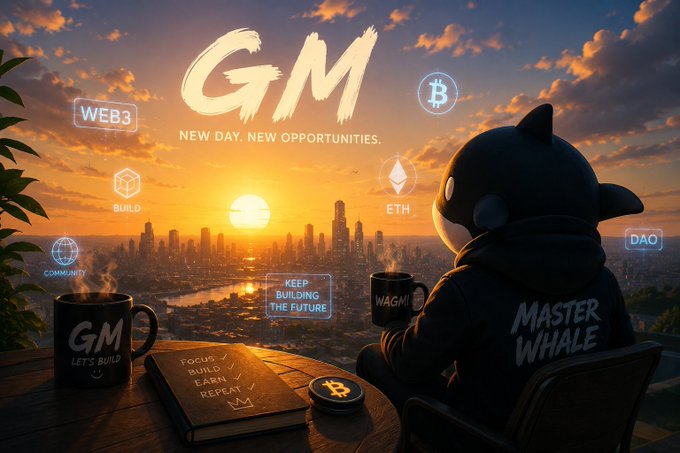 A digital illustration of a figure wearing a whale costume with 'MASTER WHALE' on the back, sitting at a desk overlooking a city skyline at sunset, surrounded by 'GM', 'WEB3', 'BUILD', 'COMMUNITY', 'ETH', and 'DAO' icons.