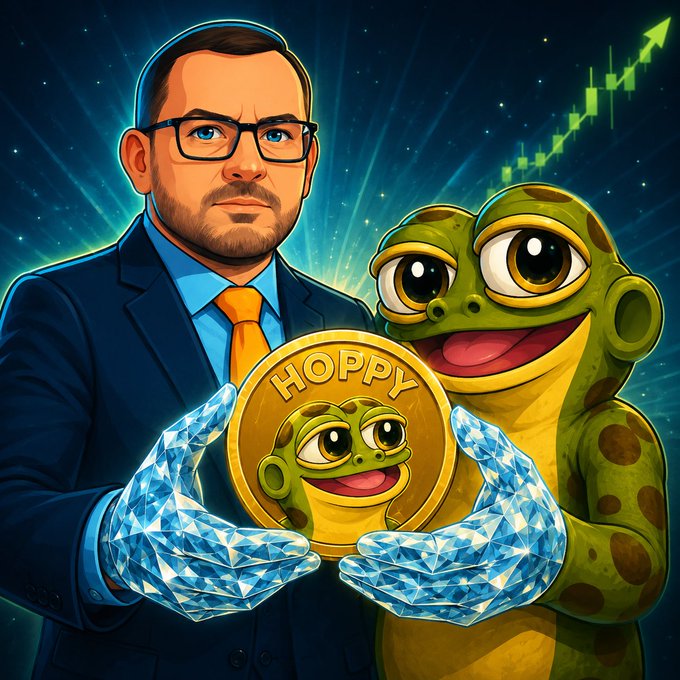 A cartoon businessman in a suit and a green frog character wearing diamond-encrusted gloves hold a gold "HOPPY" coin featuring the frog's face, with a green candlestick chart trending upward in the background—visually reinforcing the post's bullish message about $HOPPY's price recovery and its ambition to reach 100 million.