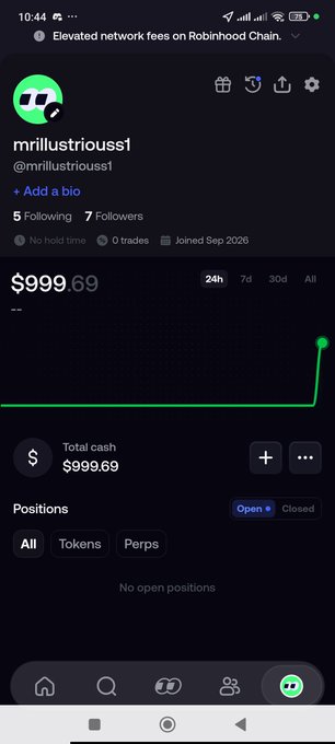 A mobile screenshot of a Robinhood account for user "mrillustriouss1" showing a portfolio value of $999.69, total cash of $999.69, and no open positions, accompanied by a grateful quote from Matthew 5:7 and thanks to @theunipcs.