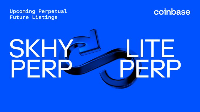 A blue Coinbase promotional graphic announcing upcoming perpetual future listings, featuring bold white text reading "SKHY PERP" and "LITE PERP" flanking a stylized infinity-loop logo, with "Upcoming Perpetual Future Listings" displayed in the upper left corner—directly corresponding to Coinbase's announcement of new SKHY-PERP and LITE-PERP markets for SK Hynix and Lumentum stocks opening on July 15, 2026.