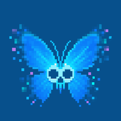 A pixel art image of a blue butterfly with a skull face design on its center, set against a dark blue background.