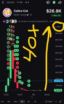 A candlestick price chart for the Calico Cat (BASP) meme coin on a token tracker app, showing a current price of $26.8K (up 3,987.2%) with a hand-drawn yellow '40x' annotation and arrow pointing upward.