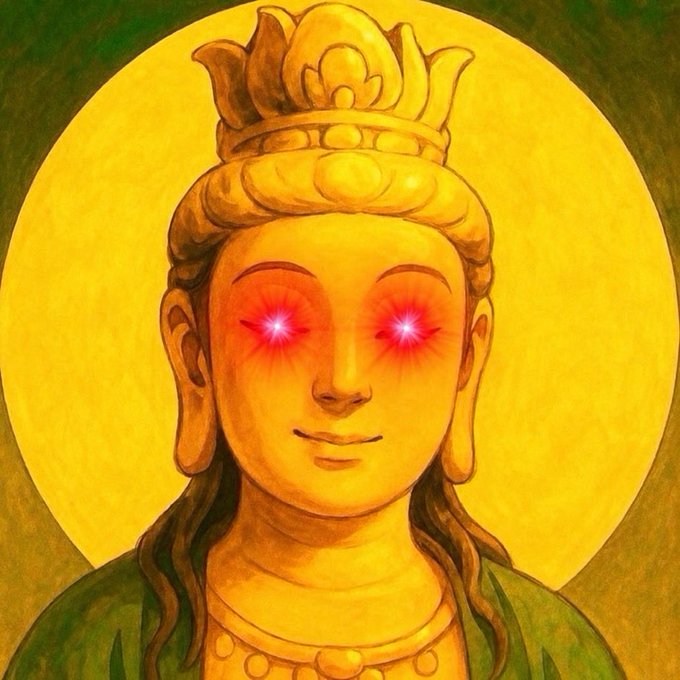 A serene Buddhist deity with glowing red eyes and a golden crown radiates power against a luminous yellow halo, symbolizing enlightened vision and fortune—fitting imagery for a trader spotting promising U.S. stock opportunities on Bitget's 24/7 TradFi platform with crypto-like ease.