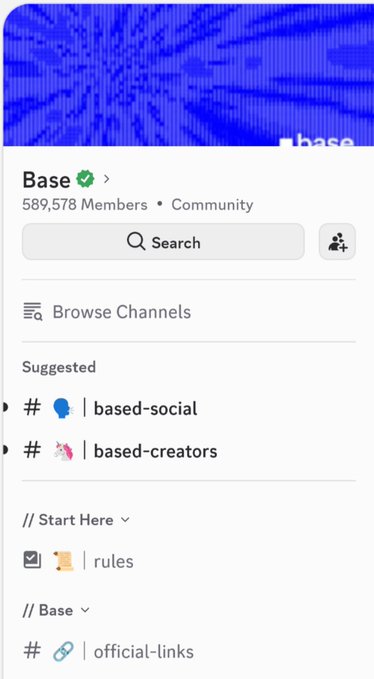 The image shows a screenshot of the official Base Discord server sidebar, displaying 589,578 members and highlighting the suggested channels #based-social and #based-creators, which the post identifies as dedicated spaces for content creators to share their work about the Base ecosystem.