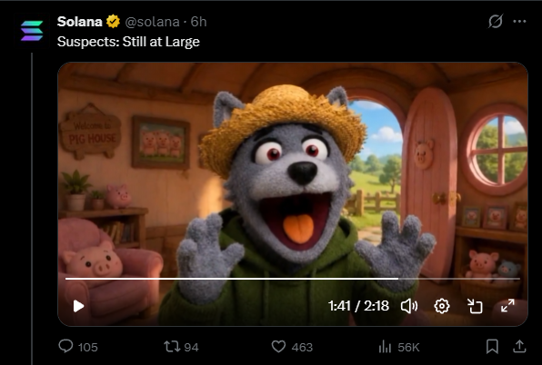 The post shows a screenshot of a video player displaying a clip from a cartoon show, featuring a gray wolf wearing a straw hat standing inside a pink house with an open door. The caption of the post mentions "Always trying to represent the best of the Spanish-speaking ecosystem on @solana". This message suggests that the content creators are aiming for a creative and engaging approach to representing the essence of Spanish culture within the context of the cartoon show's storyline or theme, possibly promoting the show in Spanish to its Spanish-speaking audience.