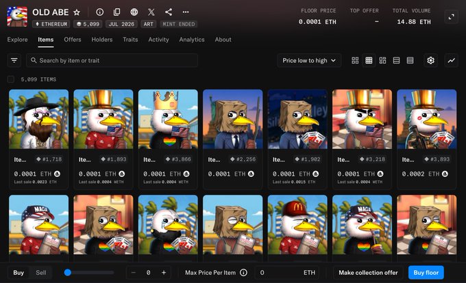 A screenshot of OpenSea's NFT collection page for "OLD ABE" featuring 5,099 items with various penguin and duck NFT characters displayed, showing floor price of 0.0001 ETH and total volume of 14.88 ETH. The image illustrates the post's joke about NFTs plummeting in value (-99.99%) versus their mint-time hype, as evidenced by the extremely low floor prices and modest total trading volume compared to the 5,099 items available.