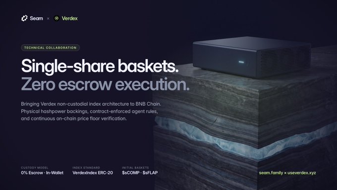 A dark promotional graphic for “Seam × Verdex” states “Single-share baskets. Zero escrow execution.” and describes bringing “Verdex non-custodial index architecture to BNB Chain,” alongside custody, index standard, and initial baskets details.