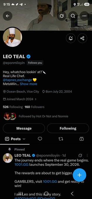 An Instagram profile for 'LEO TEAL' (@eponnmiloyin) shows a Real Life Chef in Ocean Beach, Vice City, born July 22, 2004, with 526 followers, 160 following, and pinned posts promoting gambling sites 1001.GG and DylanGG.