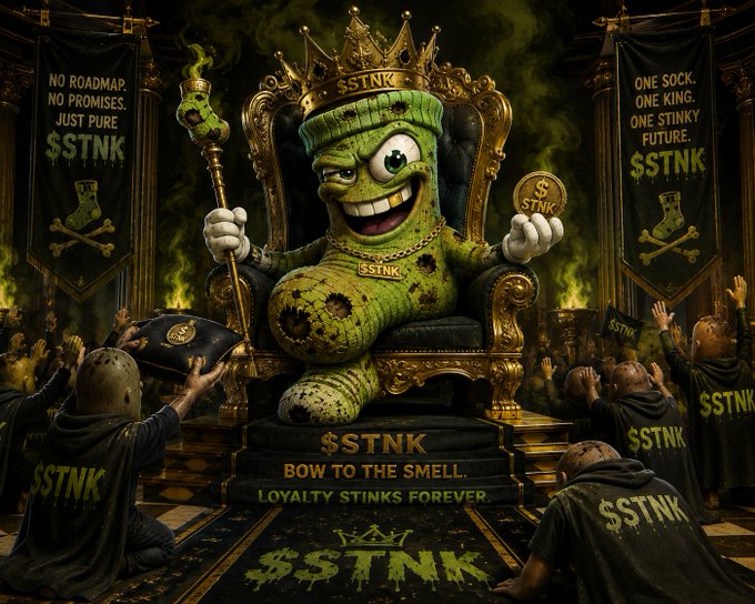 A grotesque green sock wearing a crown sits on a golden throne holding a dollar coin, surrounded by hooded followers and banners reading "NO ROADMAP. NO PROMISES. JUST PURE $STNK" and "ONE SOCK. ONE KING. ONE STINKY FUTURE. $STNK," with a throne base declaring "$STNK BOW TO THE SMELL. LOYALTY STINKS FOREVER." The satirical royal imagery directly matches the post's tongue-in-cheek message of $STNK as an unshakable "king" meme coin whose cult-like followers bow to its stench, even as a roadmap is finally unveiled.