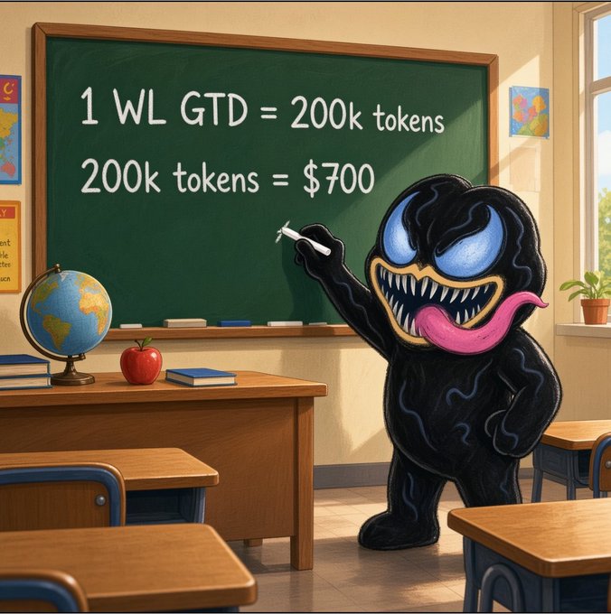A cartoon Venom-like monster with a pink tongue stands at a classroom chalkboard pointing to the equations "1 WL GTD = 200k tokens" and "200k tokens = $700." The image humorously illustrates the post's announcement about a WL GTD collaboration with RobinWifHat, where 1 WL GTD allocation equals 200k tokens currently valued at $700, with the monster's menacing grin and tongue playfully evoking the "$WIF" meme coin theme.