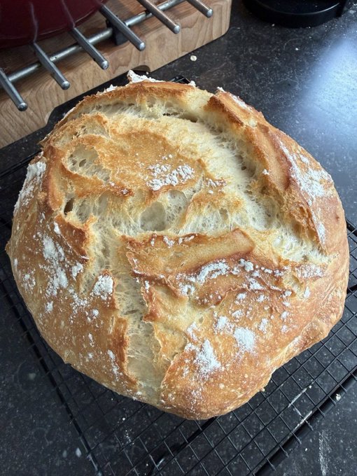 A freshly baked, round loaf of artisan bread with a cracked, golden-brown crust dusted with flour sits on a black wire cooling rack on a dark countertop.